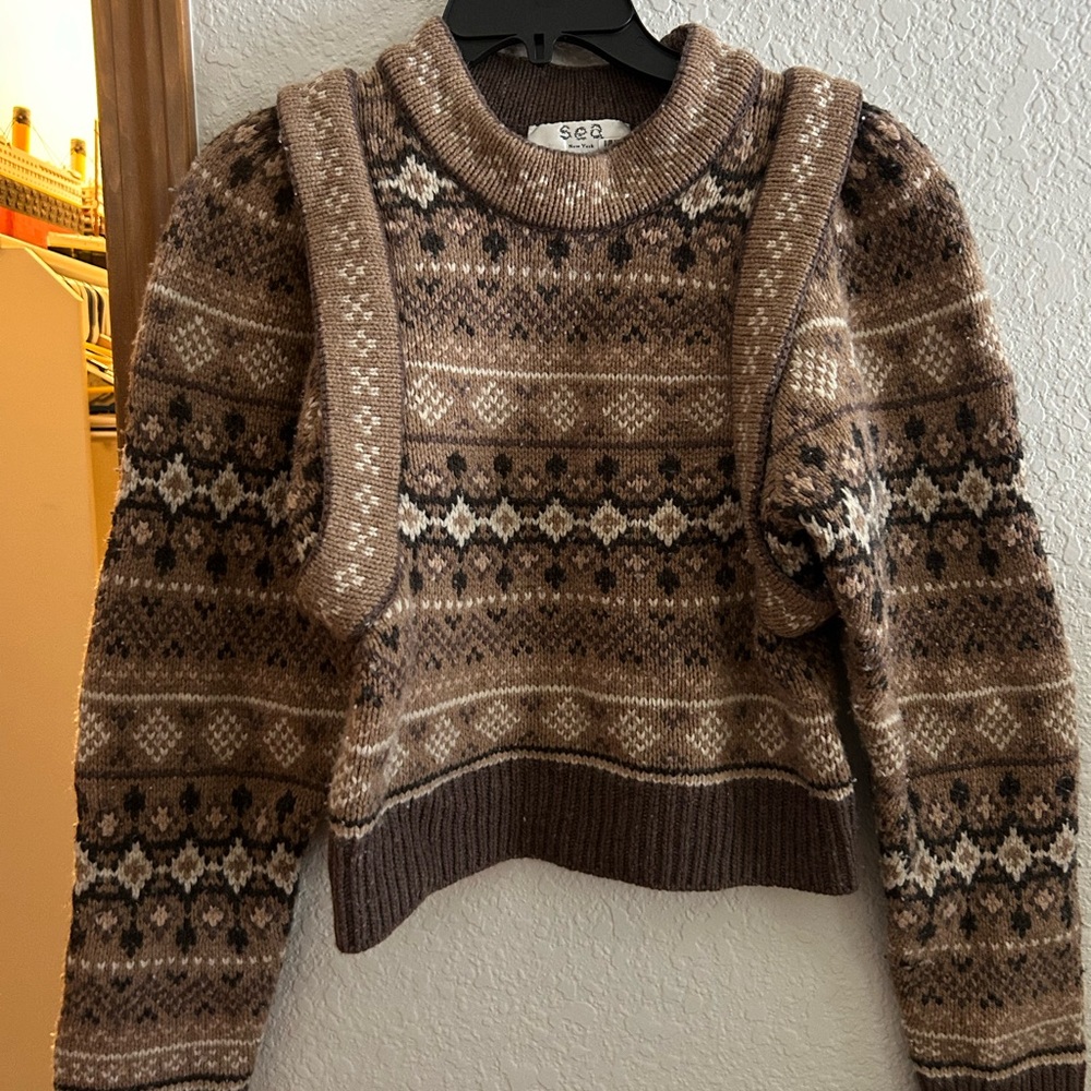 Sea Women's Brown and Cream Patterned Merino Wool Sweater